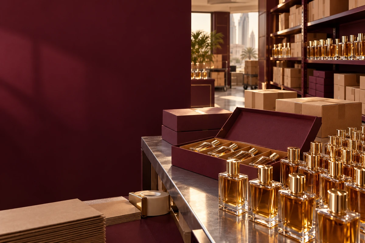 Illustrative perfume wholesale stock, presentation packing and distribution cartons